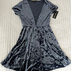 Blue crushed velvet, cap sleeved mini dress